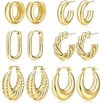Amazon.com: Gold Hoop Earrings Set for Women, 14K Gold Plated Lightweight Hypoallergenic Chunky Open | Amazon (US)