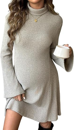 BLENCOT Womens Midi Maternity Dress Rib Knit Mock Neck Fall Casual Dresses | High Stretch Bell Sl... | Amazon (US)
