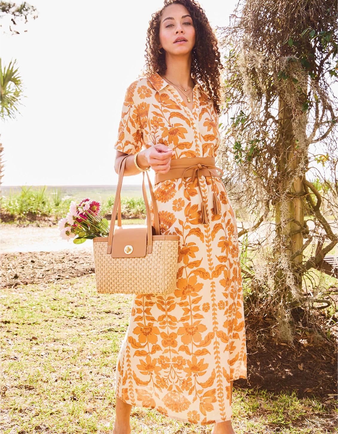 Lyndsie Midi Dress McAllister Floral Vine Brown | Spartina 449