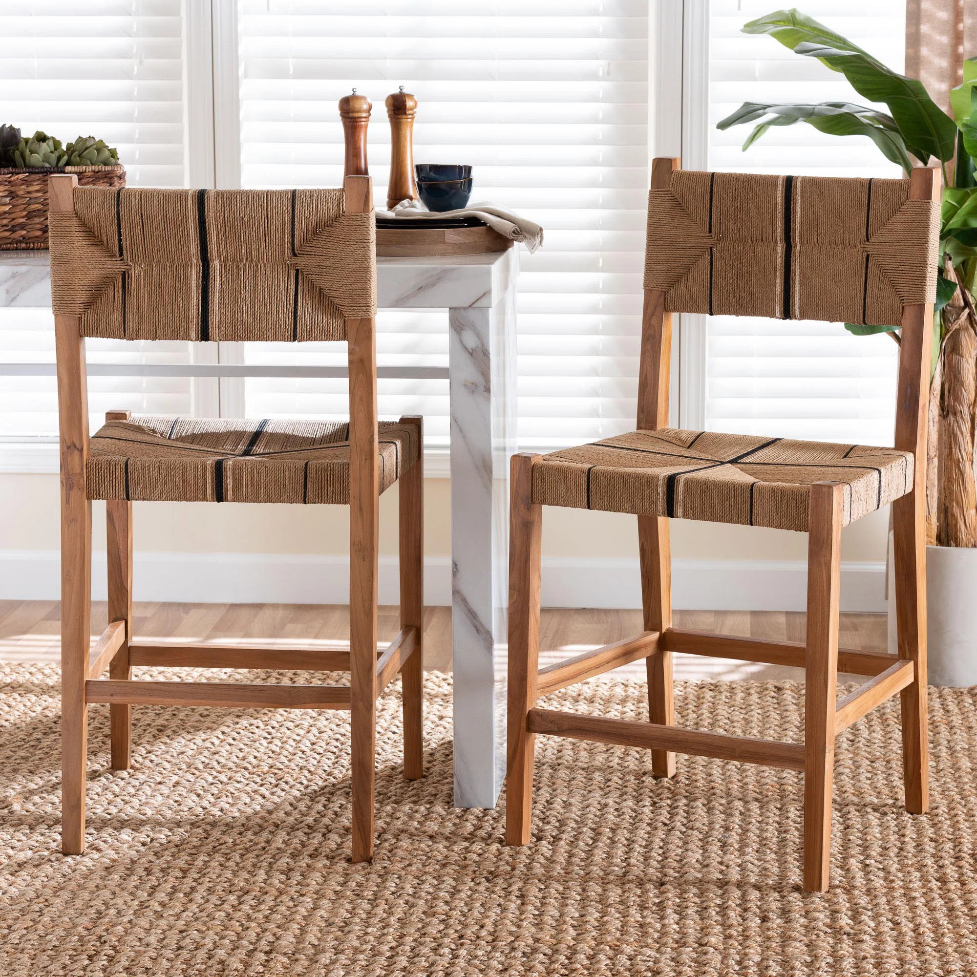 Brieana bali & pari Prita Bohemian Paper Loom and Black Mahogany Wood 2-Piece Counter Stool Set | Wayfair North America