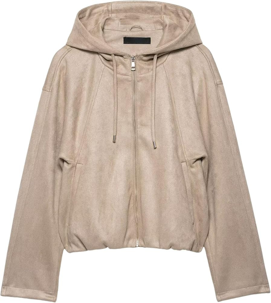 Xunger Women's Faux Suede Drawstring Hooded Jacket Bomber Casual Solid Color Zipper Outerwear wit... | Amazon (US)