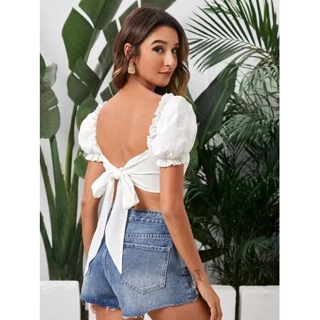 Women s Frilled Puff Sleeve Tie Backless Top 64833W41112 | Walmart (US)