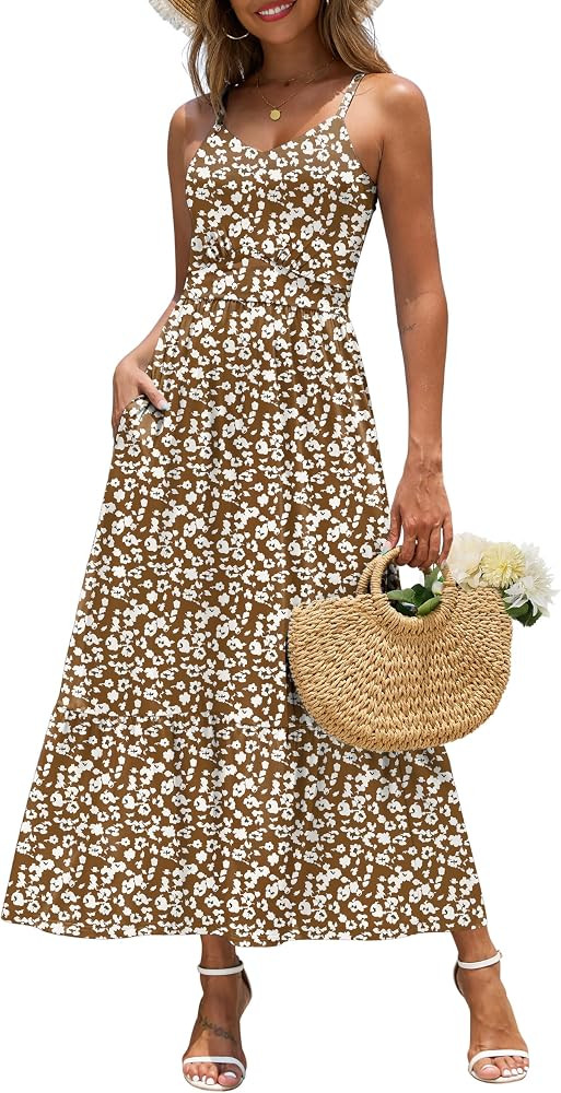Zattcas Women's 2026 Summer Casual Floral Maxi Dress with Pockets Spaghetti Strap V Neck Empire W... | Amazon (US)