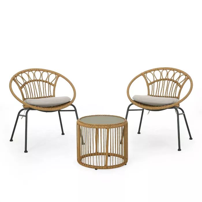 Speakes 3pc Patio wicker Chat Set - Light Brown/Beige/Black - Christopher Knight Home | Target