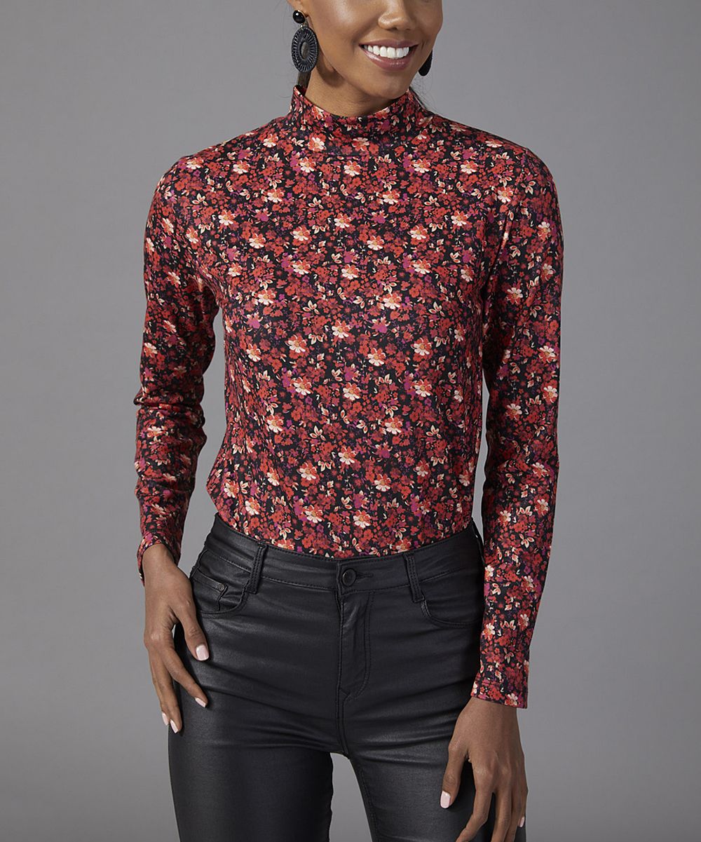 Milan Kiss Women's Turtlenecks BURGUNDY-FLORAL - Burgundy & Black Floral Mock Neck Top - Women | Zulily