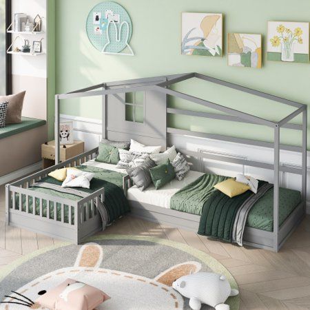 Twin Size House Bed L-Shaped Bed Frame with Full-Length Guardrail Wood Bed Frame for Boys and Girls  | Walmart (US)