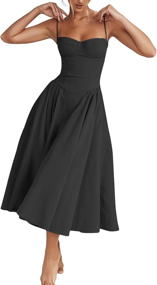 Womens Corset Dress Elegant Spaghetti Strap Midi Dress Flowy Pleated Hem Low Cut Prom Dresses Flo... | Amazon (US)