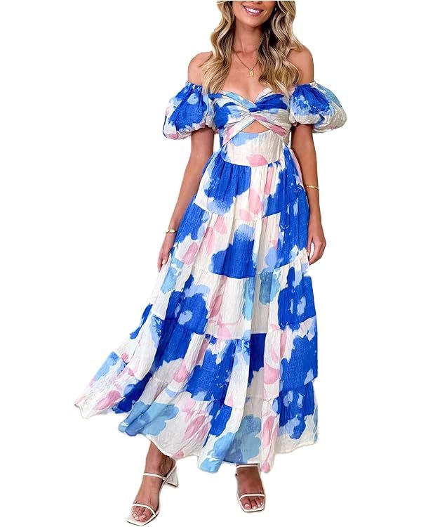Women Spring Dresses Flowy Smocked Maxi Dress Puff Sleeve Sweetheart Y2K Floral Boho Summer Sundr... | Amazon (US)