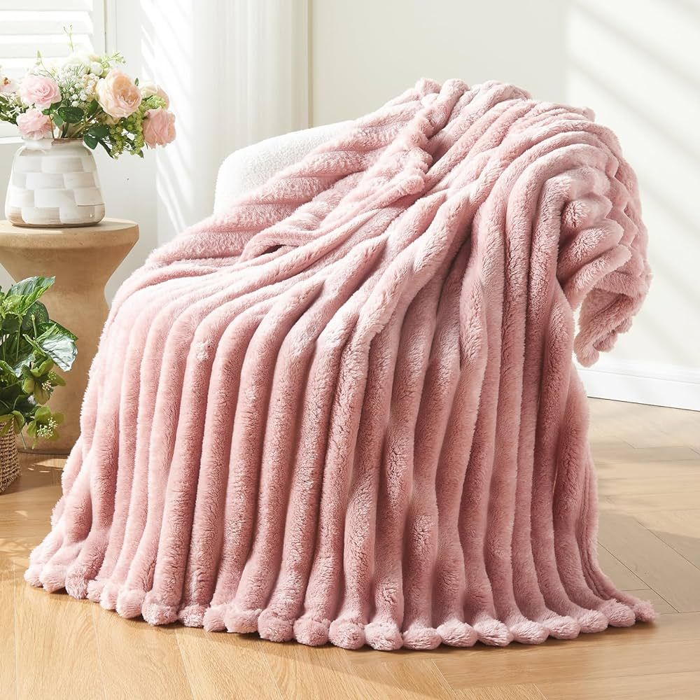 NEWCOSPLAY Super Soft Throw Blanket Pink Premium Silky Flannel Fleece 3D Ribbed Jacquard Lightwei... | Amazon (US)