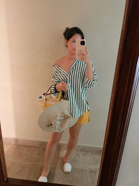 Beach outfit, cover up, vacation, Spanish shoes, avarcas, menorquinas, the Frankie shop, boxer shorts, button up, button down, green striped shirt, Loewe basket bag 

#LTKSeasonal #LTKunder100 #LTKSale