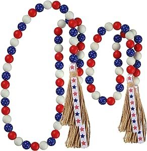 Patriotic Wood Bead Garland,YuanDe 2pcs 4th of July American Wooden Beads String Jute Rope Tassel... | Amazon (US)