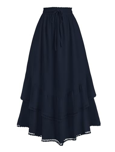 HUSKARY Fall Skirts for Women 2025 Ruffle Tiered High Waisted Flowy Midi Skirt with Pockets Navy Small | Amazon (US)