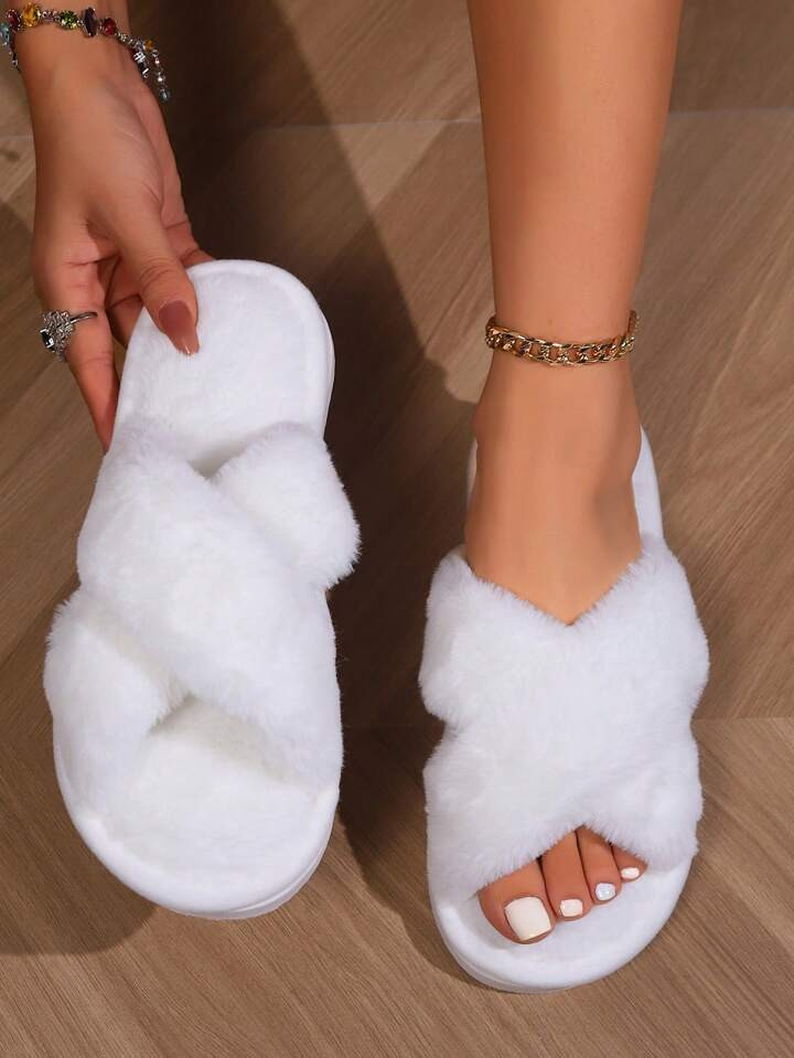 Women's White Open Toe Cross Strap Fuzzy Slipper, Indoor Anti-slip House Shoes, Fashionable | SHE... | SHEIN