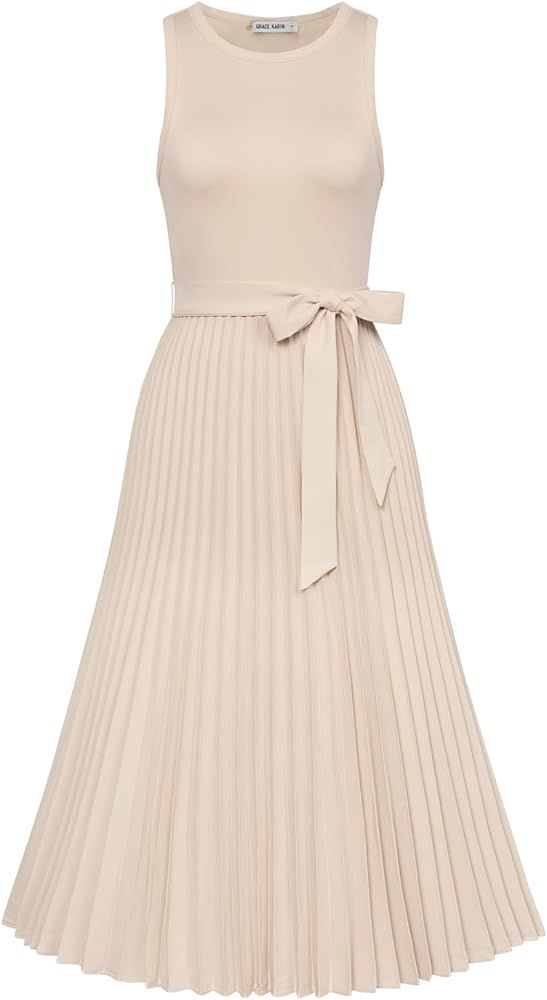 GRACE KARIN 2024 Women's Casual Summer Sleeveless Pleated Flowy Midi A-line Dresses with Belt | Amazon (US)