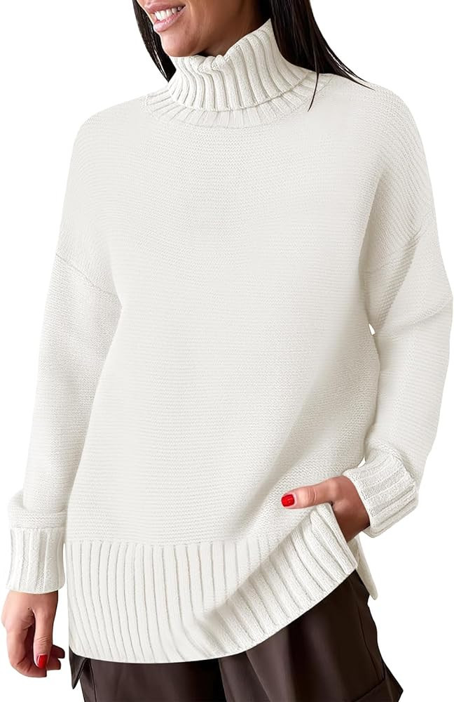 ANRABESS Womens Turtleneck Sweaters Oversized Long Sleeve Split Hem Chunky Knit Casual Pullover S... | Amazon (US)
