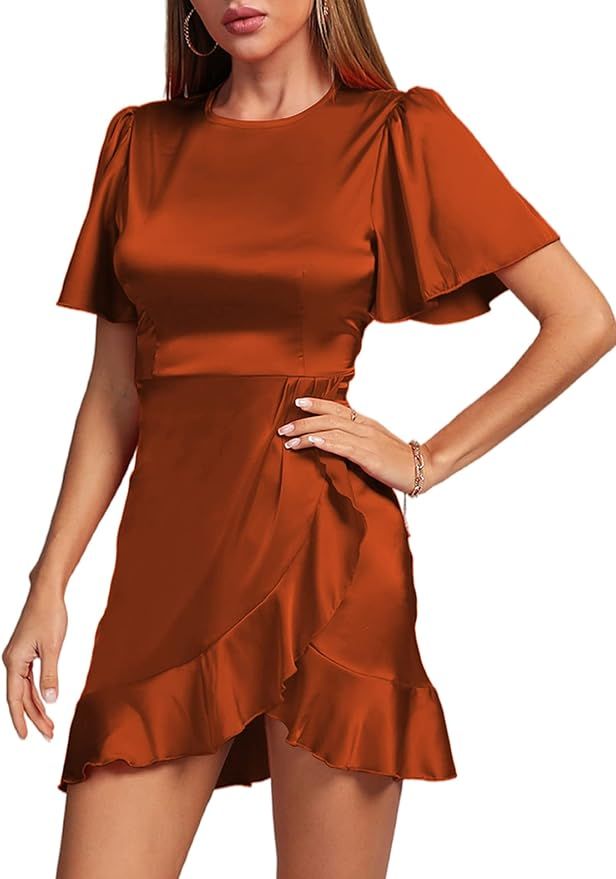 LYANER Women's Satin Wrap Front Ruffle Hem Short Sleeve A Line Cocktail Party Mini Dress | Amazon (US)