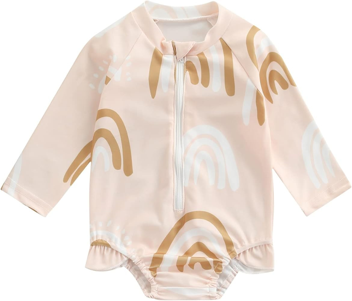 Toddler Baby Girl One Piece Swimsuit Zip Up Swimwear Floral/Rainbow Long Sleeve Bathing Suit Rash Gu | Amazon (US)