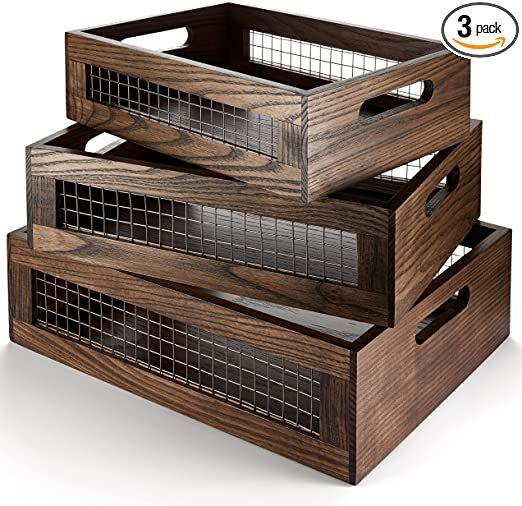 NAGAWOOD Wooden Nesting Countertop Baskets Set of 3 for Kitchen, Bathroom, Pantry|Wall Mount Upgr... | Amazon (US)