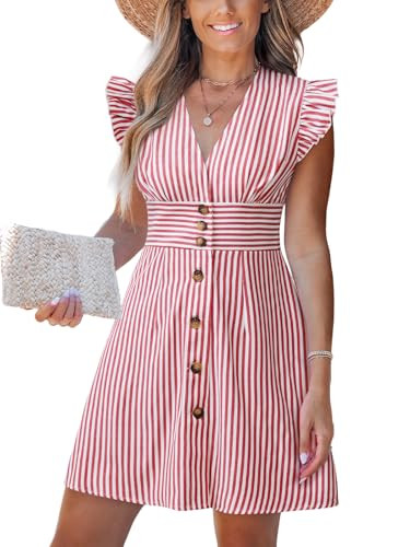 CUPSHE Women's Striped Summer Dresses V Neck Casual Mini Dress Flutter Sleeve Ruffle Button Sundresses Red L | Amazon (US)