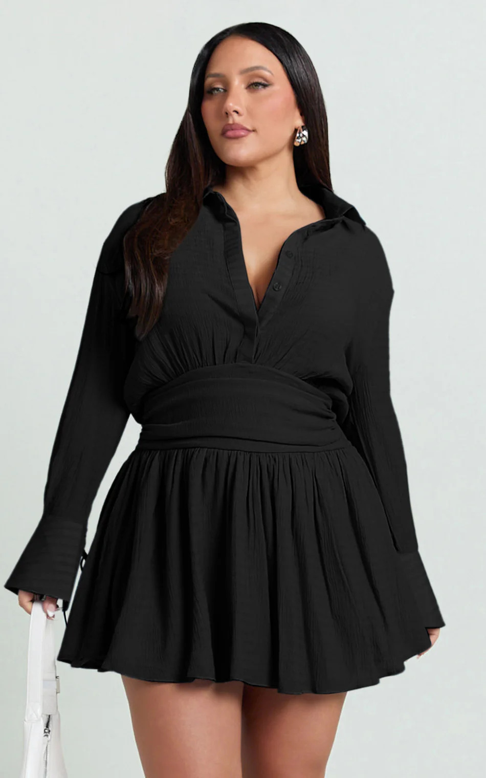 Valerie Mini Dress - Collared Long Sleeve Corset Waist Shirt Dress in Black | Showpo (US, UK & Europe)