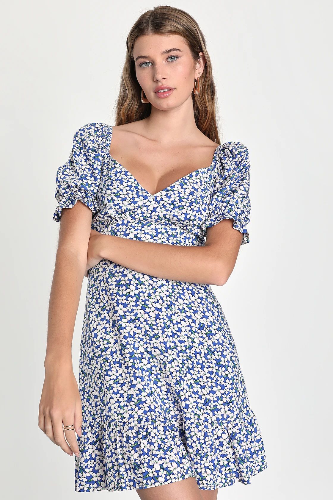 Grateful Feelings Blue Floral Print Puff Sleeve Mini Dress | Lulus (US)
