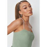 Sage Rib Cross Back Pearl Cami Knit Top | Missguided (US & CA)