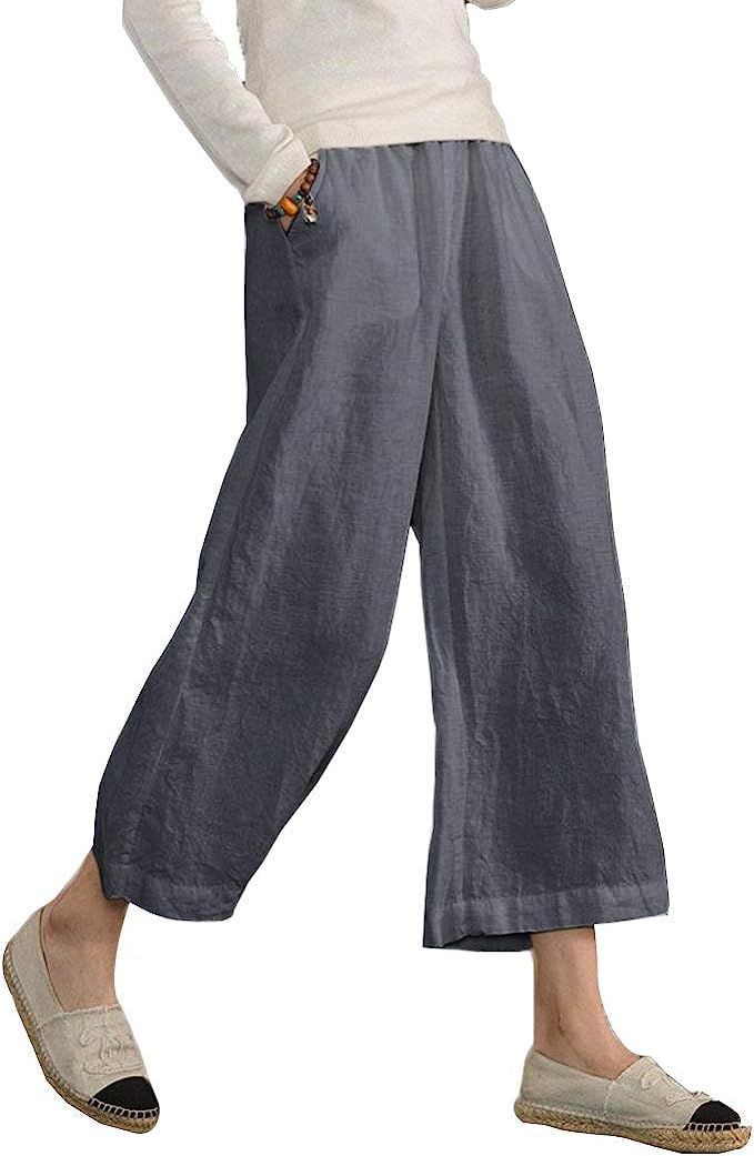 ECUPPER Womens Casual Loose Elastic Waist Cotton Trouser Cropped Wide Leg Pants | Amazon (US)