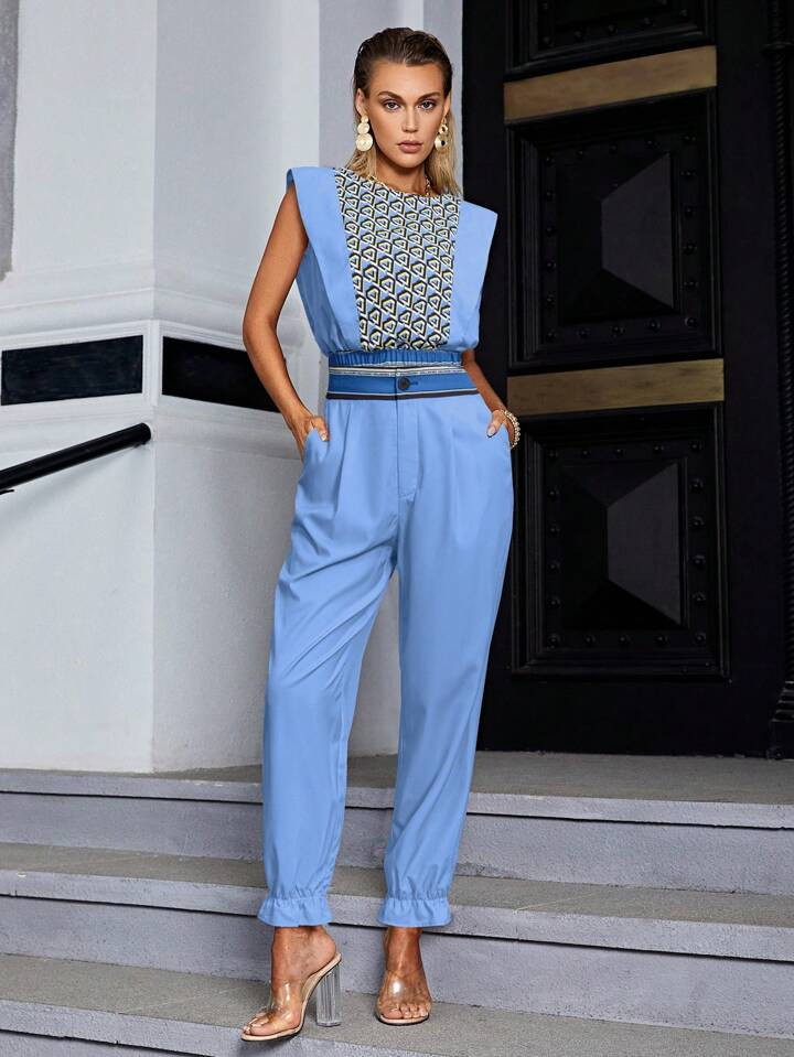 Sollinarry Geo Print Blouse & Ruffle Hem Pants | SHEIN