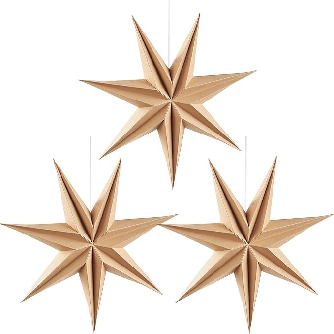 3PCS 12inch 7-Pointed Natural Paper Star Landerns Hanging Decoration Set Festive Holiday Decor St... | Amazon (US)