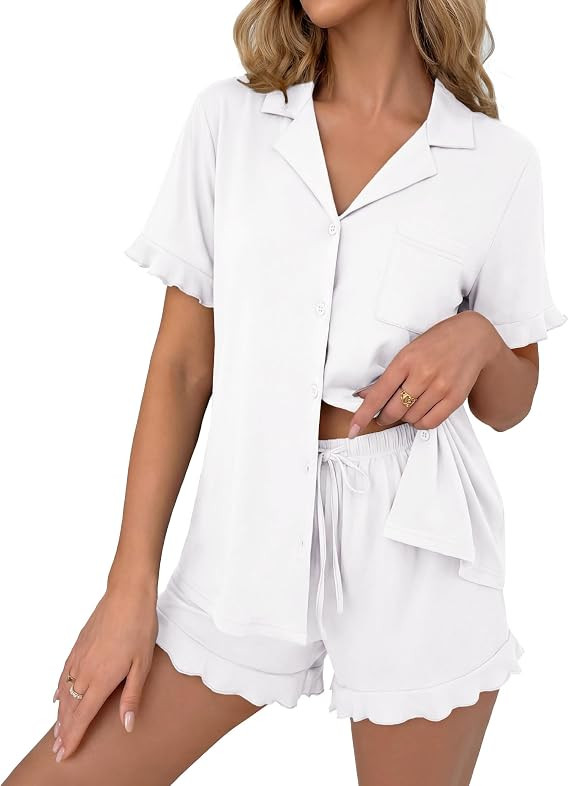 Ekouaer Pajamas Set for Women Button Down Pjs Lounge Sets Ruffle Sleepwear | Amazon (US)
