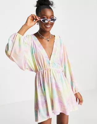 ASOS DESIGN volume sleeve mini dress with shirred neckline in pastel tie dye print | ASOS (Global)