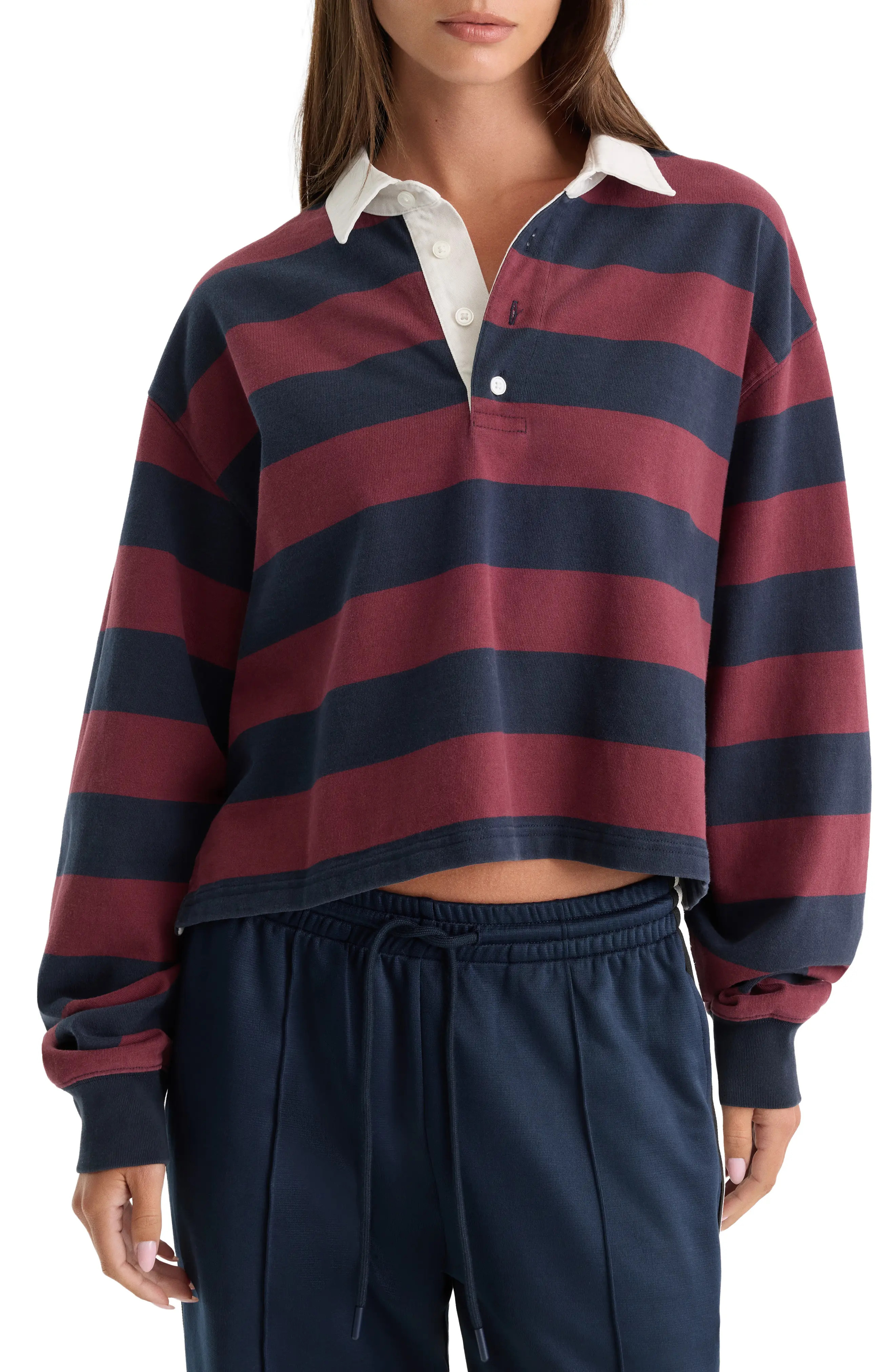 Good American The Cropped Stripe Long Sleeve Rugby Shirt in Navy Berry Noir Block Stripe at Nordstrom, Size X-Small | Nordstrom