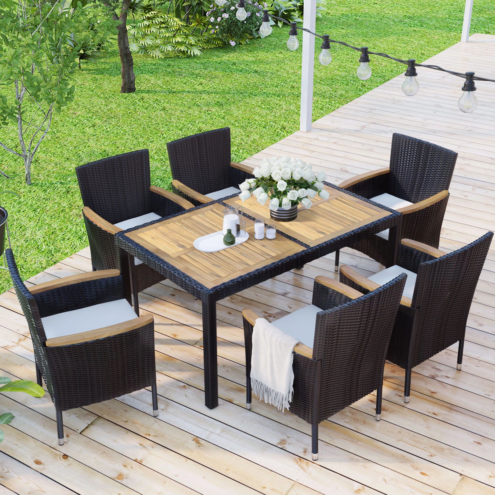 SYNGAR 7 Piece Outdoor Dining Set, All Weather PE Wicker Dining Table Set, Patio Rattan Furniture... | Walmart (US)