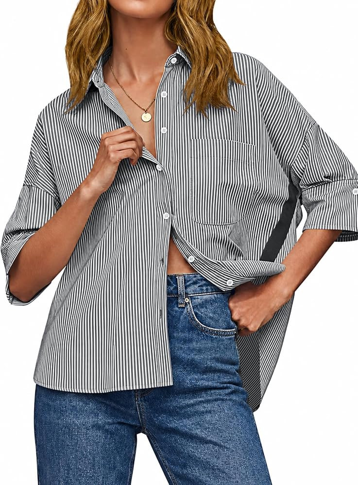 Cicy Bell Womens Summer Oversized Button Down Shirts Half Sleeve V Neck Business Casual High Low ... | Amazon (US)