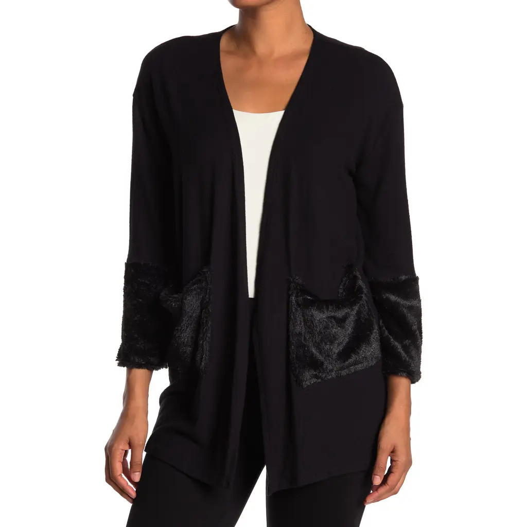 GO COUTURE Long Sleeve Double Stitch Faux Fur Cardigan in Heather Grey Bttm Black at Nordstrom Rack, Size Large | Nordstrom Rack