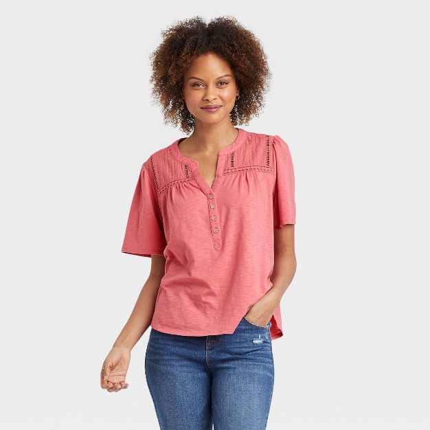 Women's Short Sleeve V-Neck Eyelet Henley Shirt - Knox Rose™ | Target