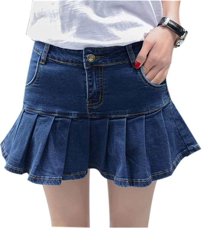 Yeokou Women's Casual Slim A-line Pleated Ruffle Short Mini Denim Skirts | Amazon (US)