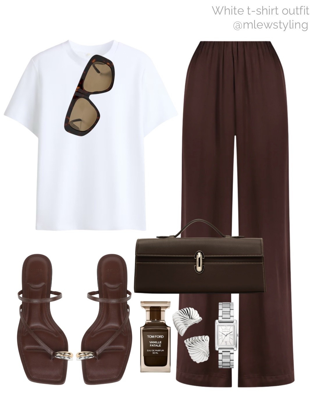 Elevated spring outfit 🤍

Tags: chocolate brown satin pants, white tee, aviator sunglasses, Vince toe-ring sandals, savette clutch bag, Sephora Tom ford perfume, missoma silver earrings, Michael kors watch, neutral aesthetic,
capsule wardrobe, casual date night look 

#LTKootd #LTKSeasonal #LTKgrwm