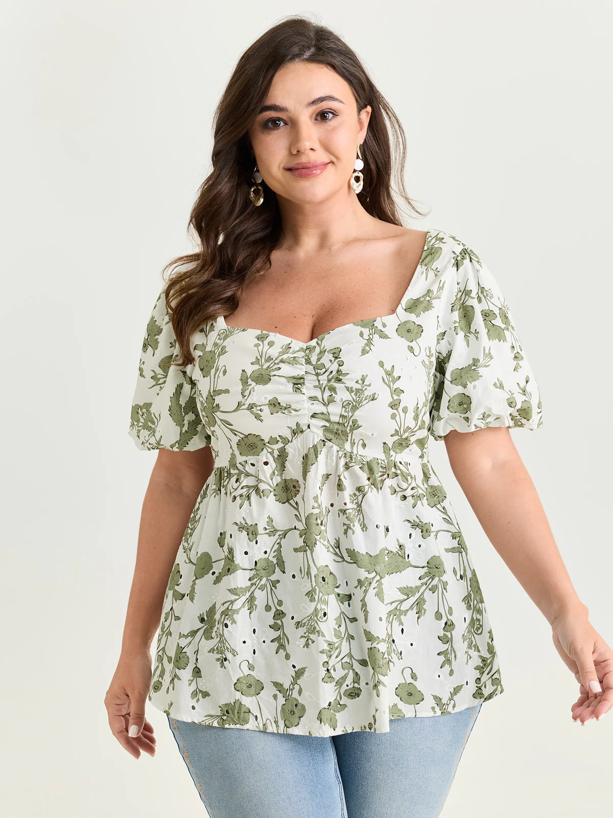 Cotton Floral Print Ruched Bubble Sleeve Blouse | Bloomchic