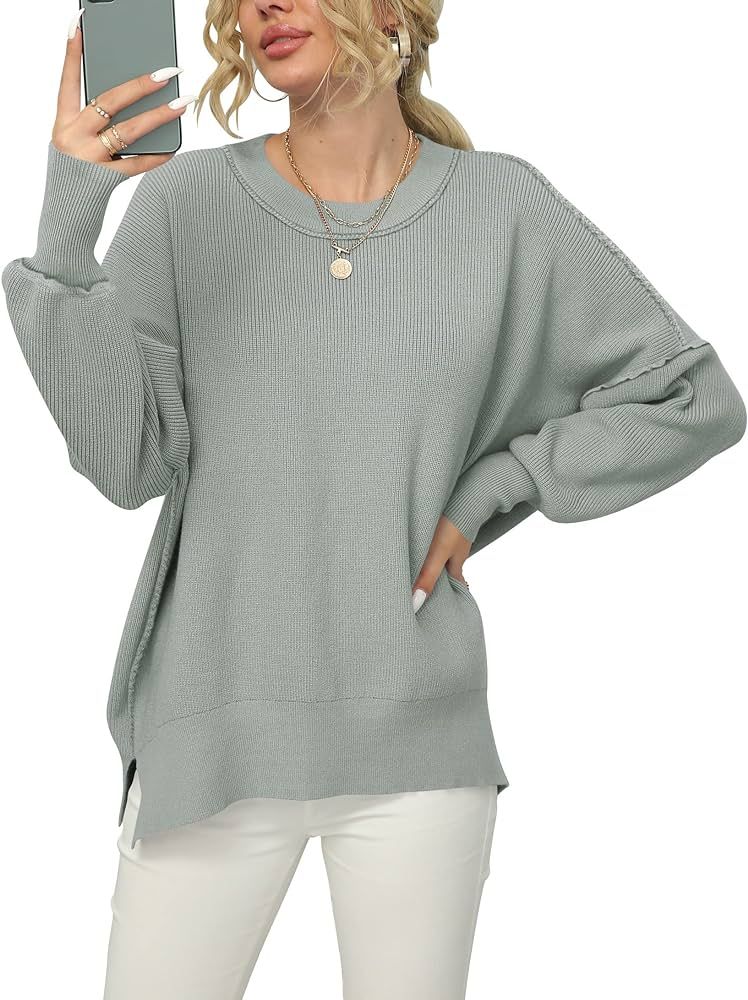 ANRABESS Women Crewneck Batwing Sleeve Oversized Side Slit Ribbed Knit Pullover Sweater Top | Amazon (US)