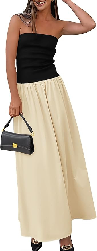 PRETTYGARDEN Women's 2025 Summer Strapless Maxi Dresses Patchwork Long Flowy Elegant Going Out Tu... | Amazon (US)