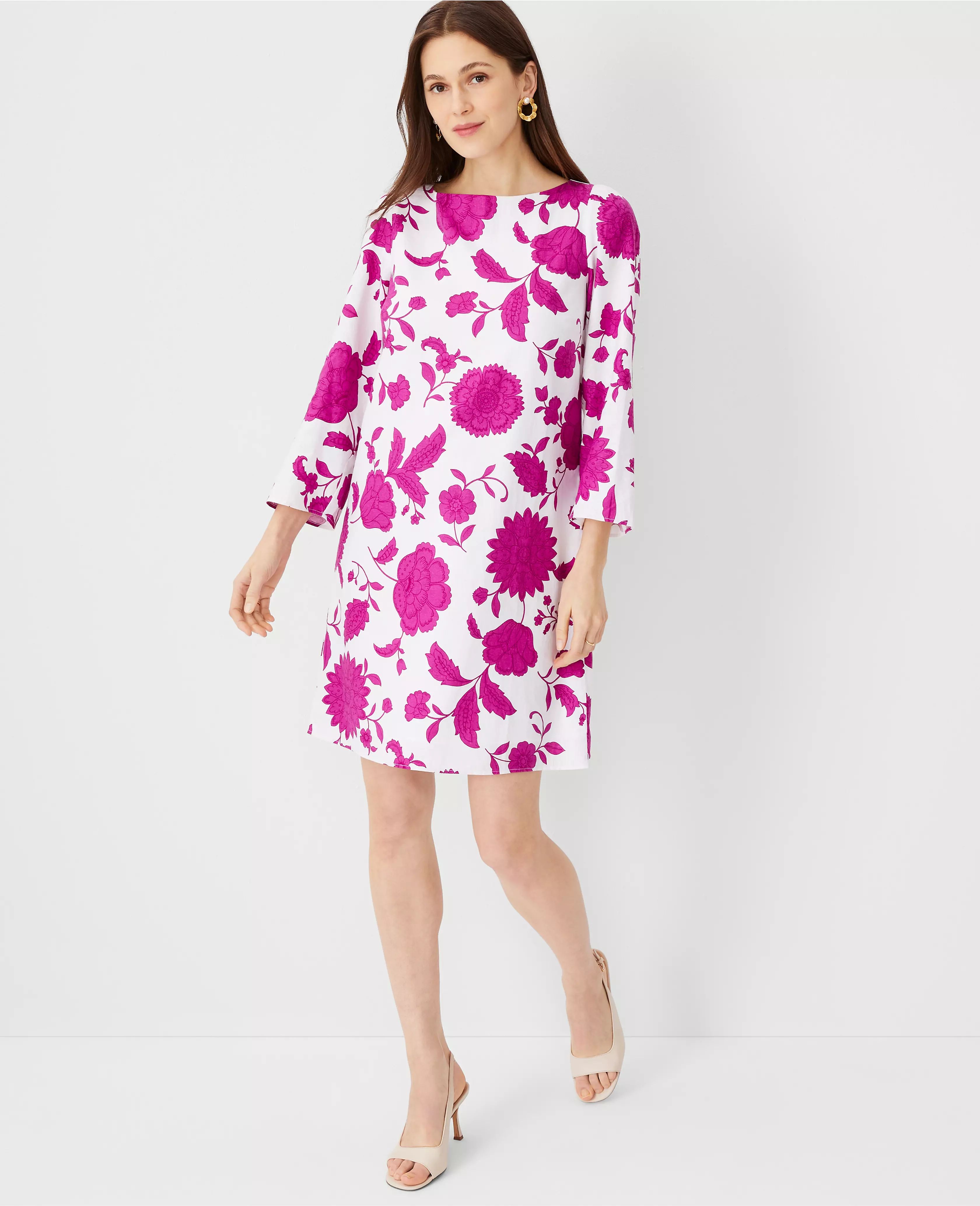 Floral Linen Blend 3/4 Sleeve Shift Dress | Ann Taylor (US)
