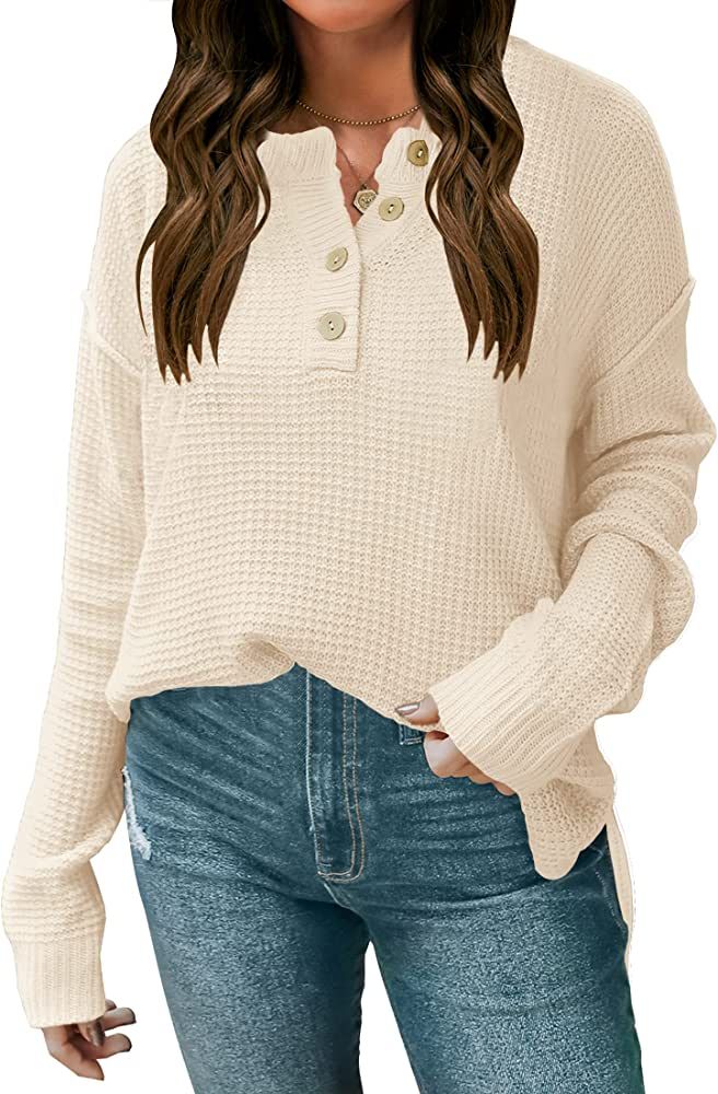 ZESICA Women's Casual V Neck Sweater Loose Long Sleeve Waffle Knit Button Henley Pullover Jumper ... | Amazon (US)