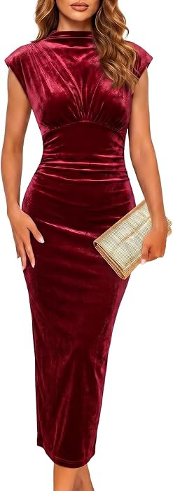 Wenrine Womens Velvet Dress Sleeveless Ruched Slit Back Party Maxi Dresses | Amazon (US)