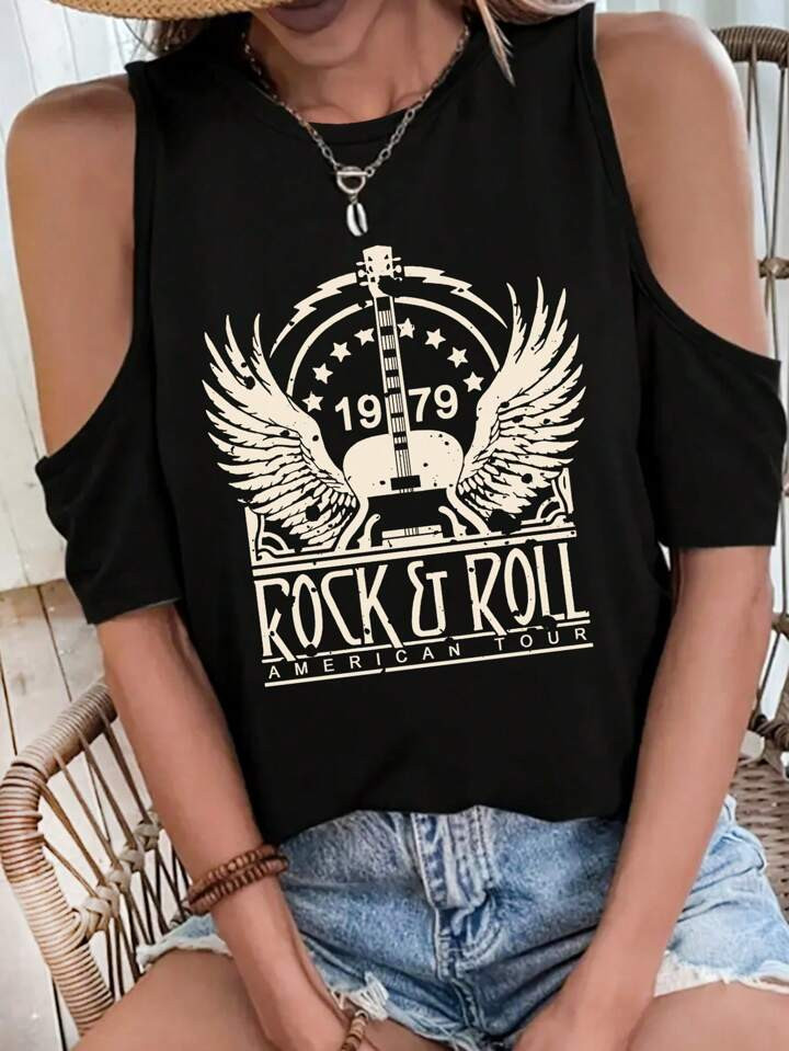 SHEIN LUNE Women's Guitar & Wing Printed Cold Shoulder T-Shirt | SHEIN