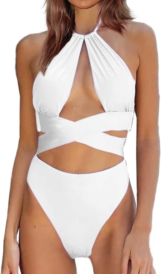 CHYRII Women's Sexy Criss Cross High Waisted Bikini Sets Halter Cutout Two Piece Swimsuit | Amazon (US)