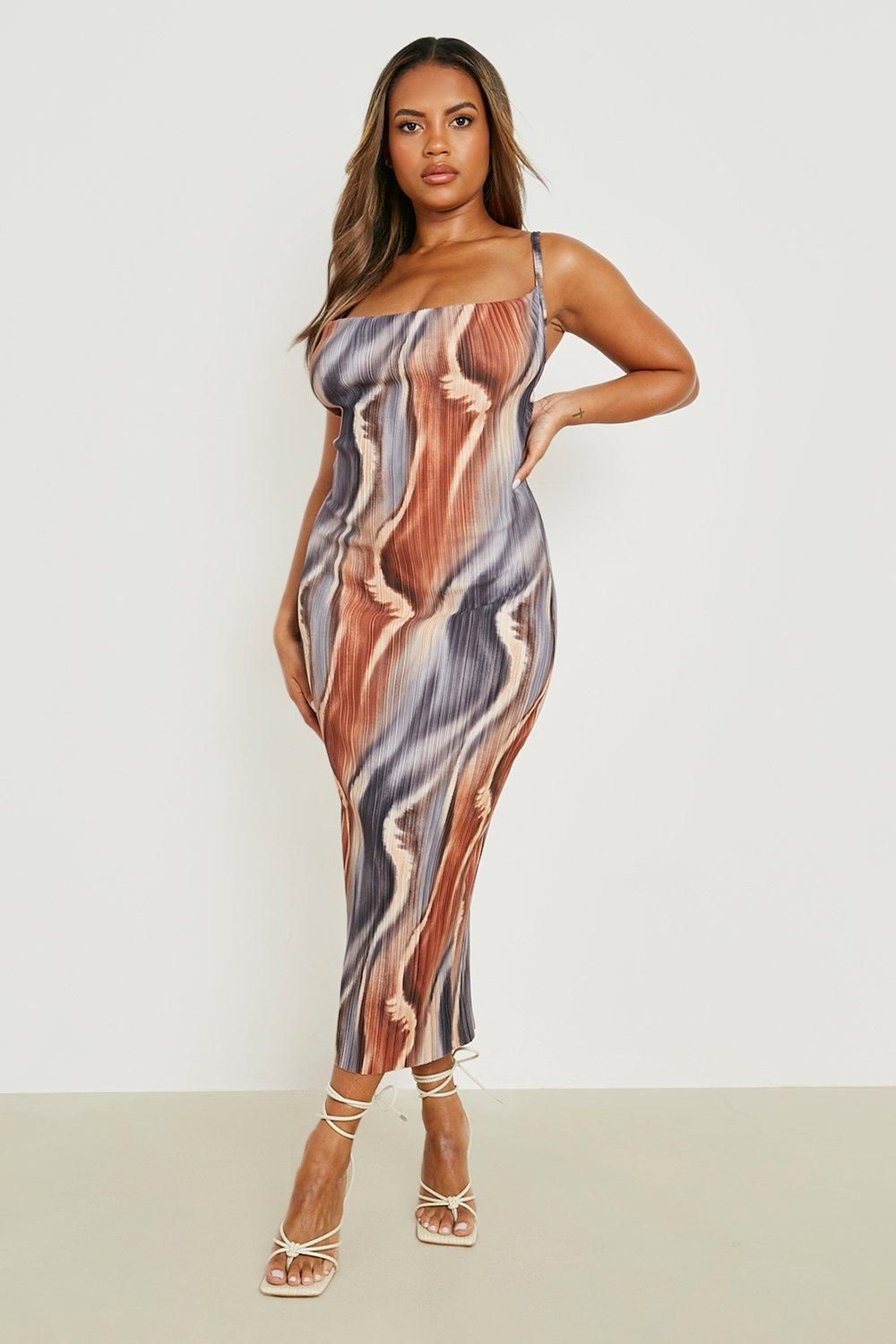 Plus Abstract Plisse Cowl Neck Midi Dress | Boohoo.com (US & CA)