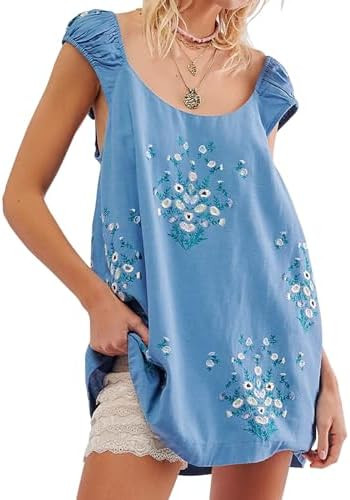Loafawes Linen Mini Cute Dress Women Floral Embroidered Dress with Crew Neck and Sleeveless Casua... | Amazon (US)