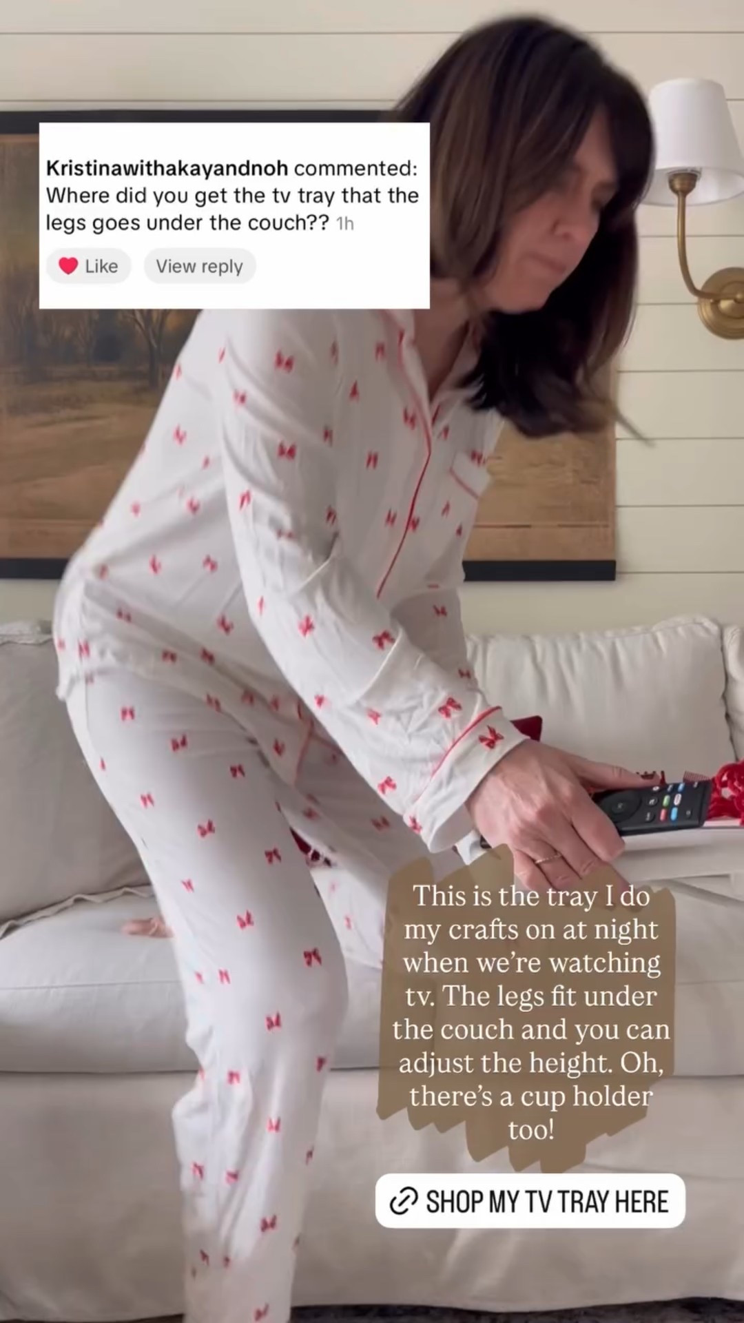 This is the tray I do my crafts on at night when we’re watching tv. The legs fit under the couch and you can adjust the height. Oh, there’s a cup holder too!