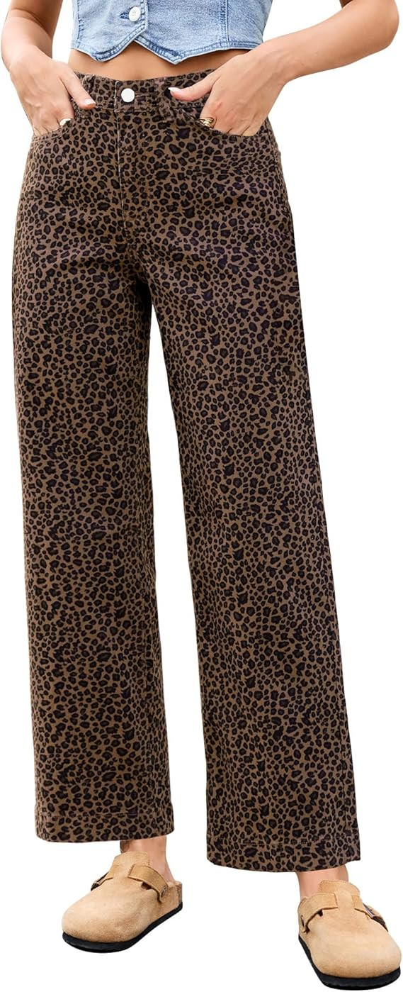 LookbookStore Wide Leg Jeans for Women Trendy High Waisted Stretchy Cheetah Leopard Pants Ankle L... | Amazon (US)